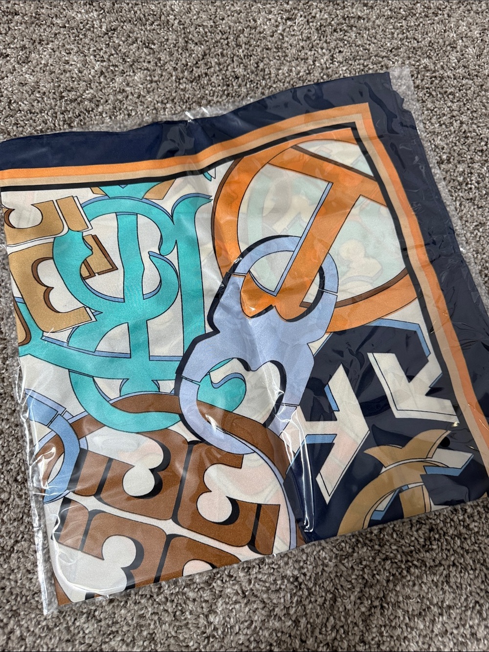 Patterned Silk Scarf in Navy, Teal, Orange & Brown